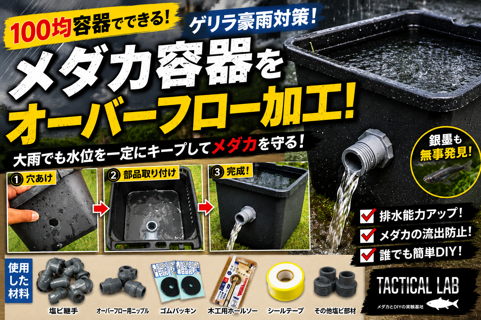 【ゲリラ豪雨対策】メダカ容器にオーバーフロー加工を自作！実際に加工してみた